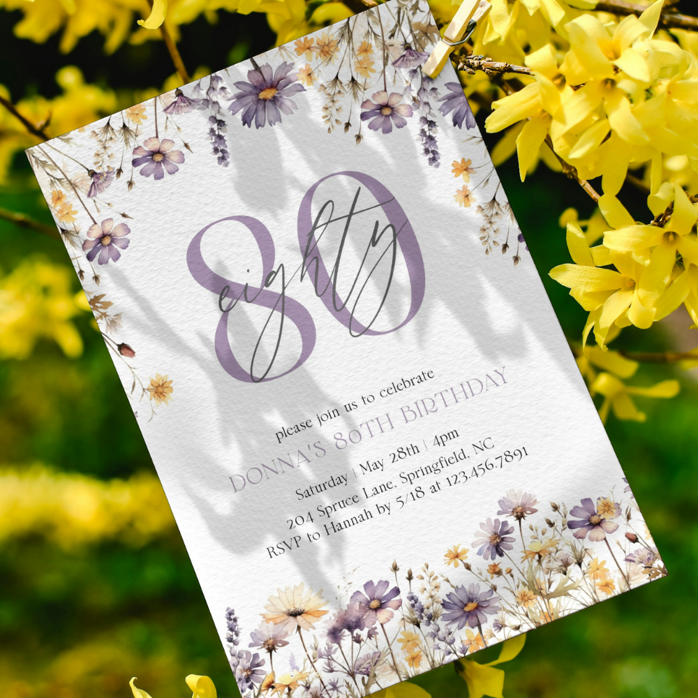 Watercolor Purple Wildflowers 80th Birthday Invitation
