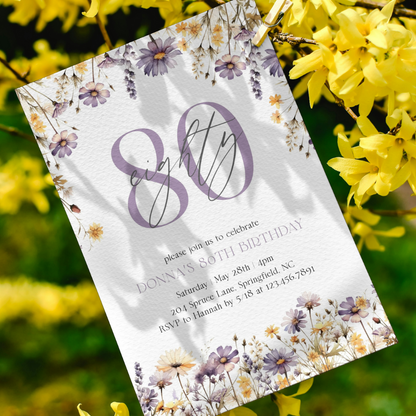 Watercolor Purple Wildflowers 80th Birthday Invitation