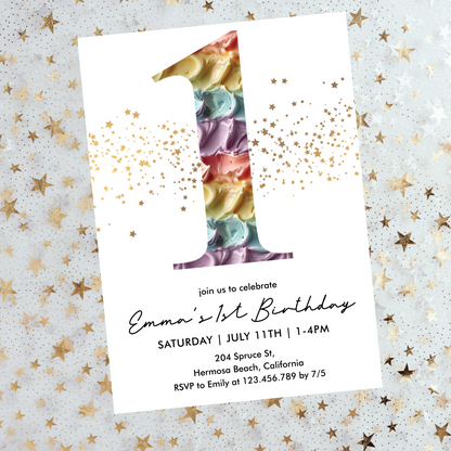 Fun Rainbow Cake First Birthday Invitation