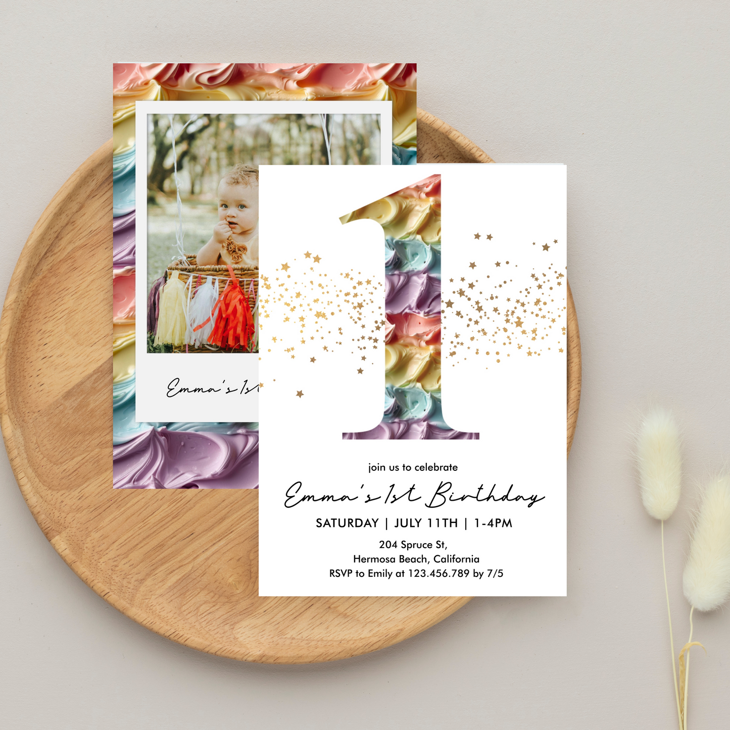 Fun Rainbow Cake First Birthday Invitation