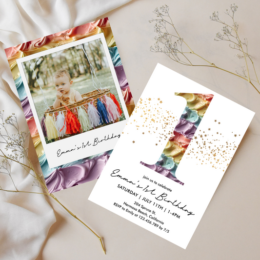 Fun Rainbow Cake First Birthday Invitation