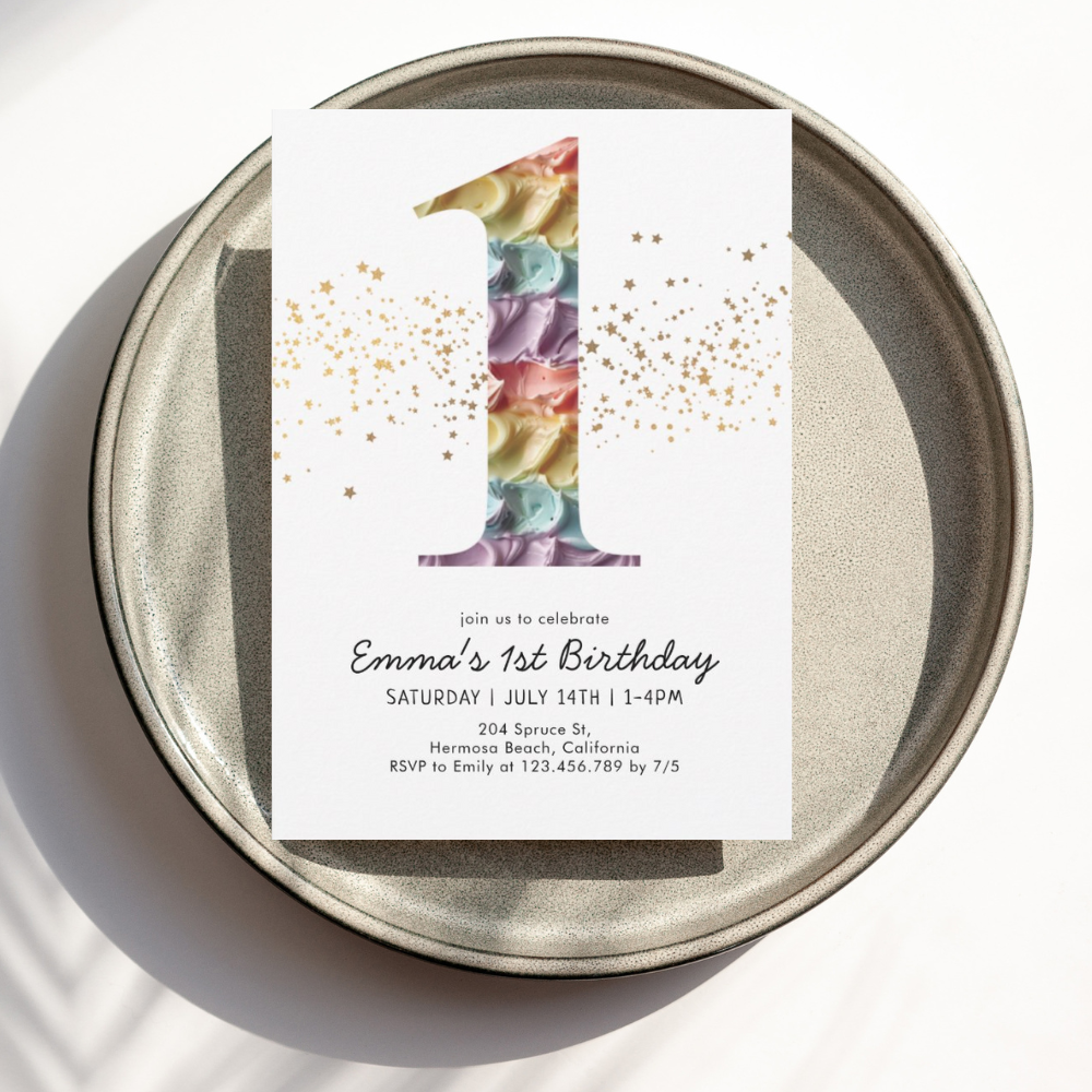 Fun Rainbow Cake First Birthday Invitation