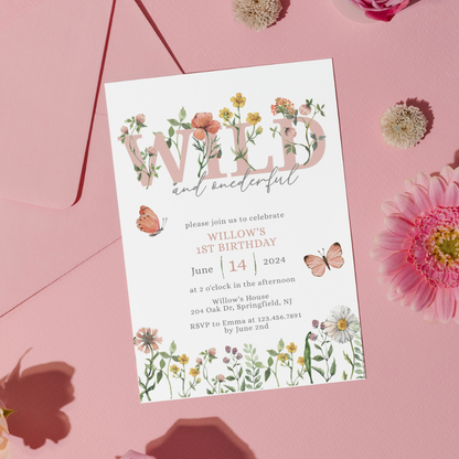 Watercolor Wildflower Wild & Onederful 1st Birthday | Editable Invitation