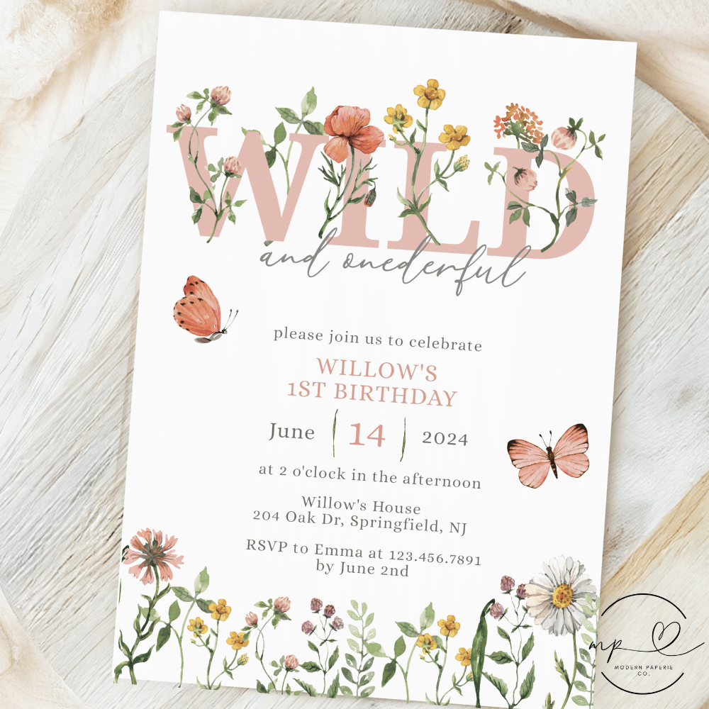 Watercolor Wildflower Wild & Onederful 1st Birthday | Editable Invitation