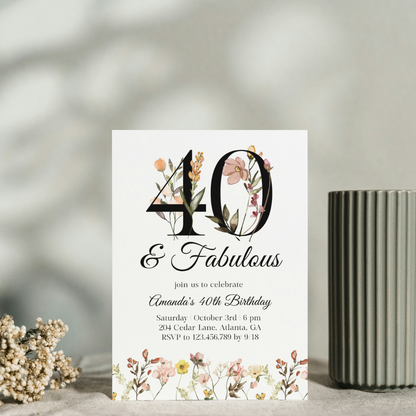 40 & Fabulous Watercolor Wildflower Birthday Invitation