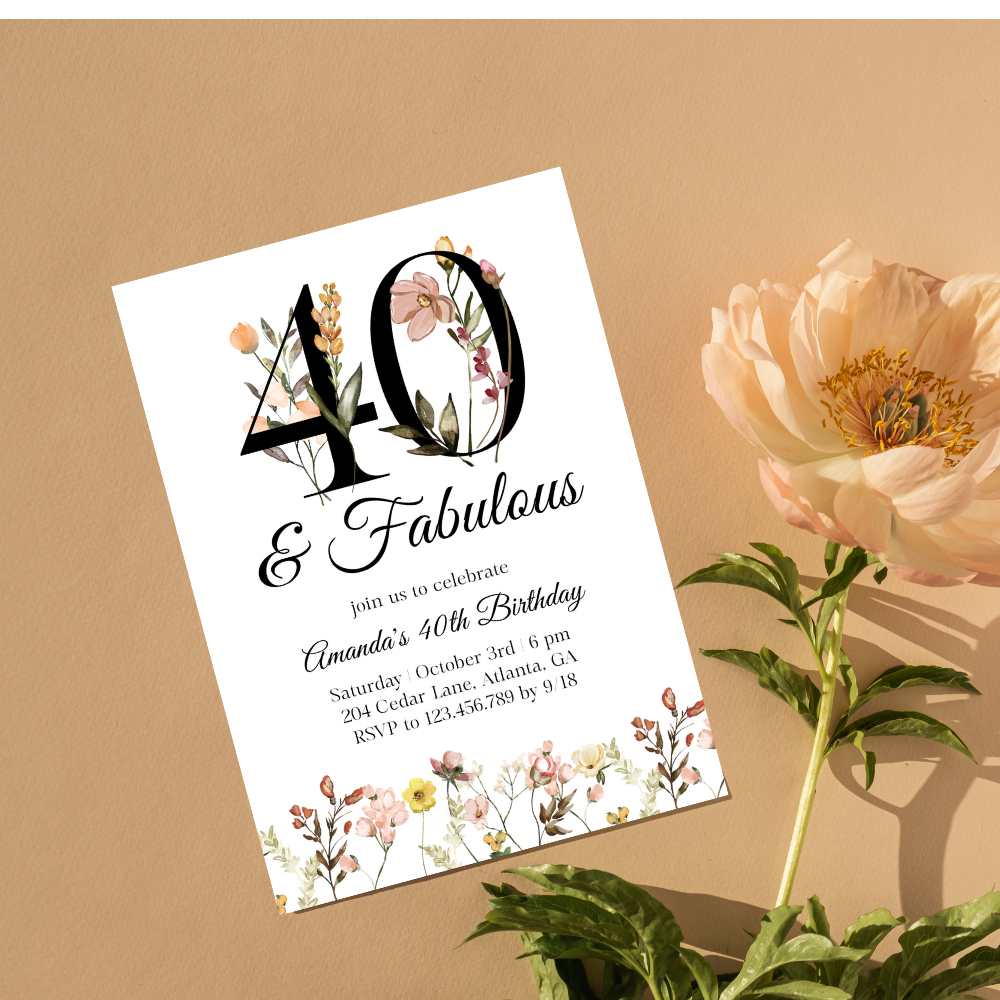 40 & Fabulous Watercolor Wildflower Birthday Invitation