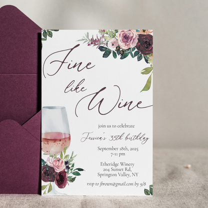 Watercolor Burgundy & Blush Wine Birthday Invitation